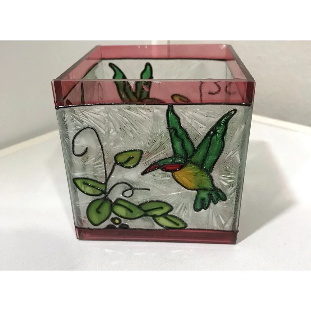 Glass Votive Hand Painted Hummingbird Flowers 3